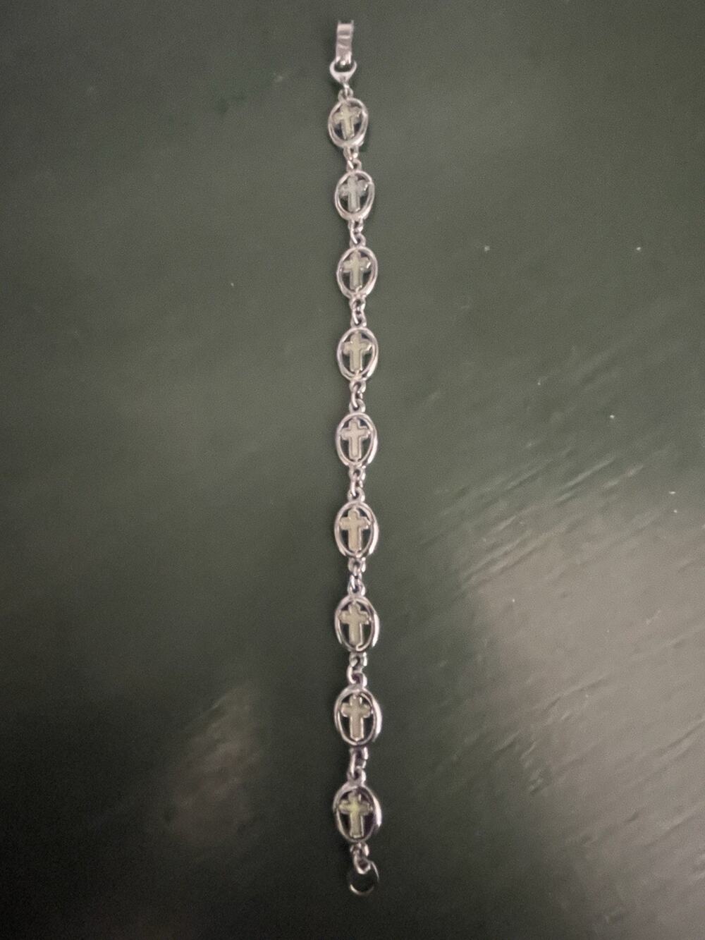 Vintage Cross Bracelet Silver Tone Jewelry Iridescent Center Simple Religious